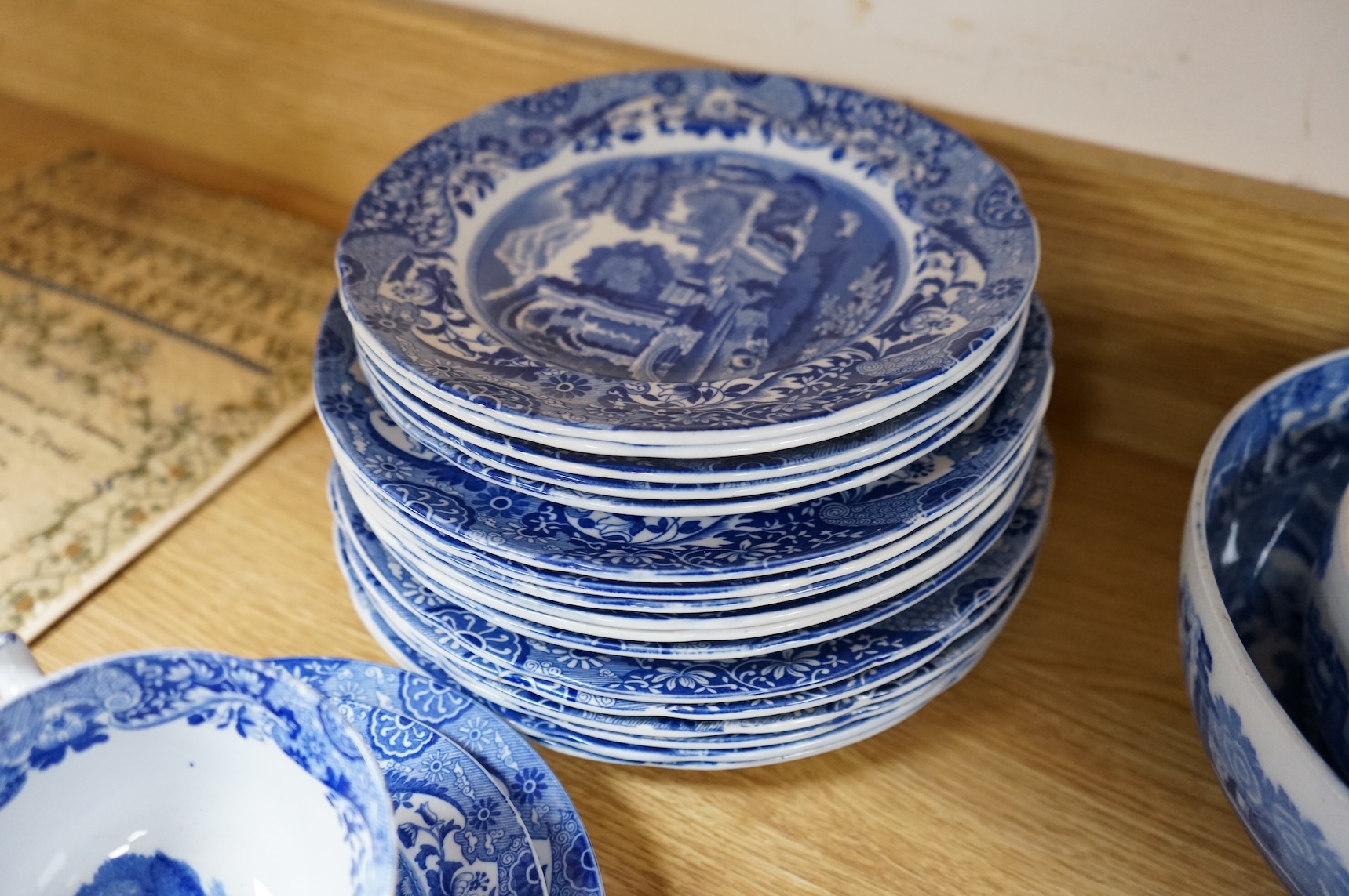 A Spode blue and white Italian service to include dinner plates, graduated bowls and platters, largest 37cm wide